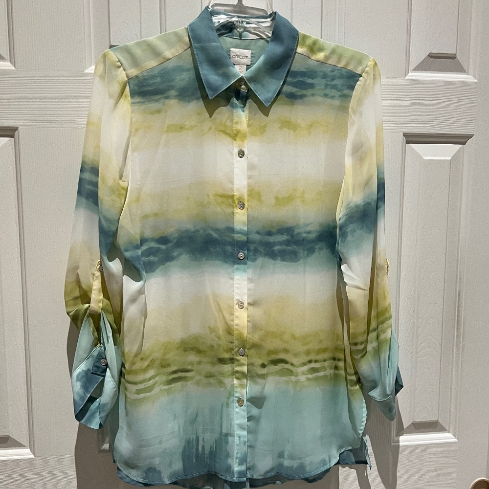 Chico's Blouse Top Women's Size Small Yellow Blue Green Ombre Sheer SZ 3…